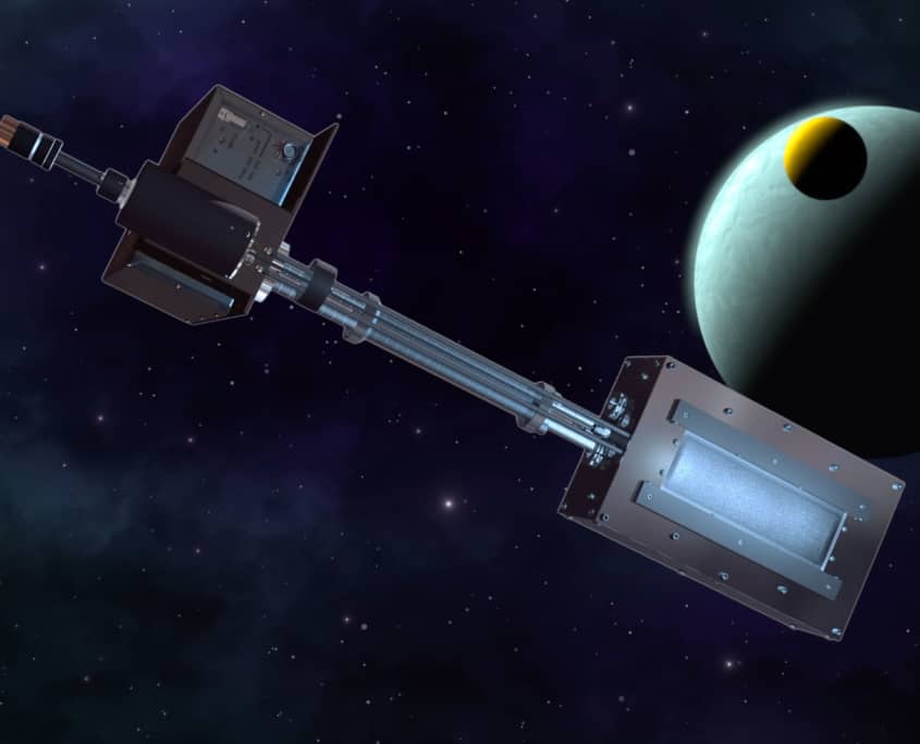 An artistic rendering of the RF linear ion beam source with a planet and moon in the background. The strategy of helping customers.