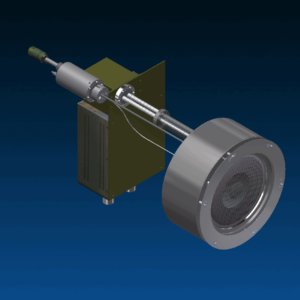 This is an image of an ion source mounted for internal use by 18-inch electrical leads and feedthroughs.