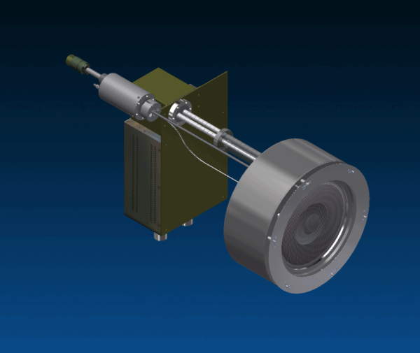 This is an image of an ion source mounted for internal use by 18-inch electrical leads and feedthroughs.