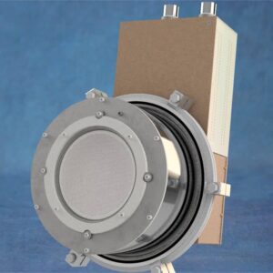 This is an image of a 12 cm RF ion beam source mounted to an ISO320 flange, and includes the RF matching network.