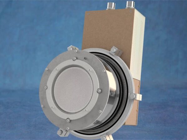 This is an image of a 12 cm RF ion beam source mounted to an ISO320 flange, and includes the RF matching network.