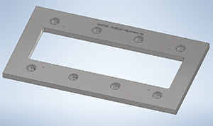 This image is of a 6 by 22 cm grid alignment jig. it is a clear Lexan plate in a rectangular shape.